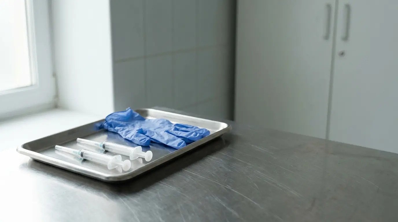 Syringes and blue gloves on metal tray in sterile medical setting