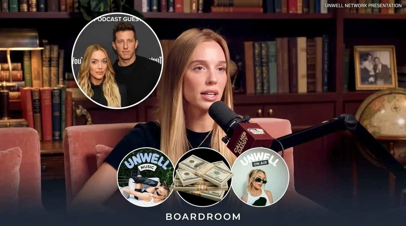 Alex Cooper at a microphone beside Unwell branding, Matt Kaplan and stacks of money in a collage