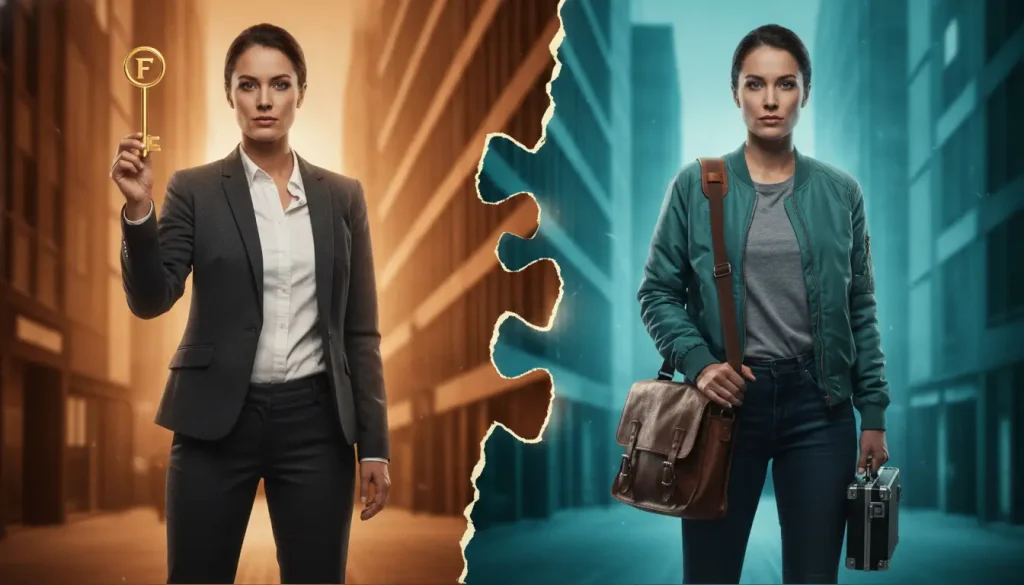 Businesswoman in suit holding key on left, casual woman with bag on right in urban split scene