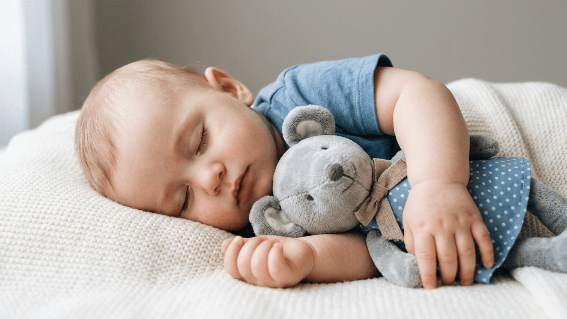 a peaceful baby wearing a blue shirt sleeps soundly while clutching a grey plush toy mouse on a knit blanket