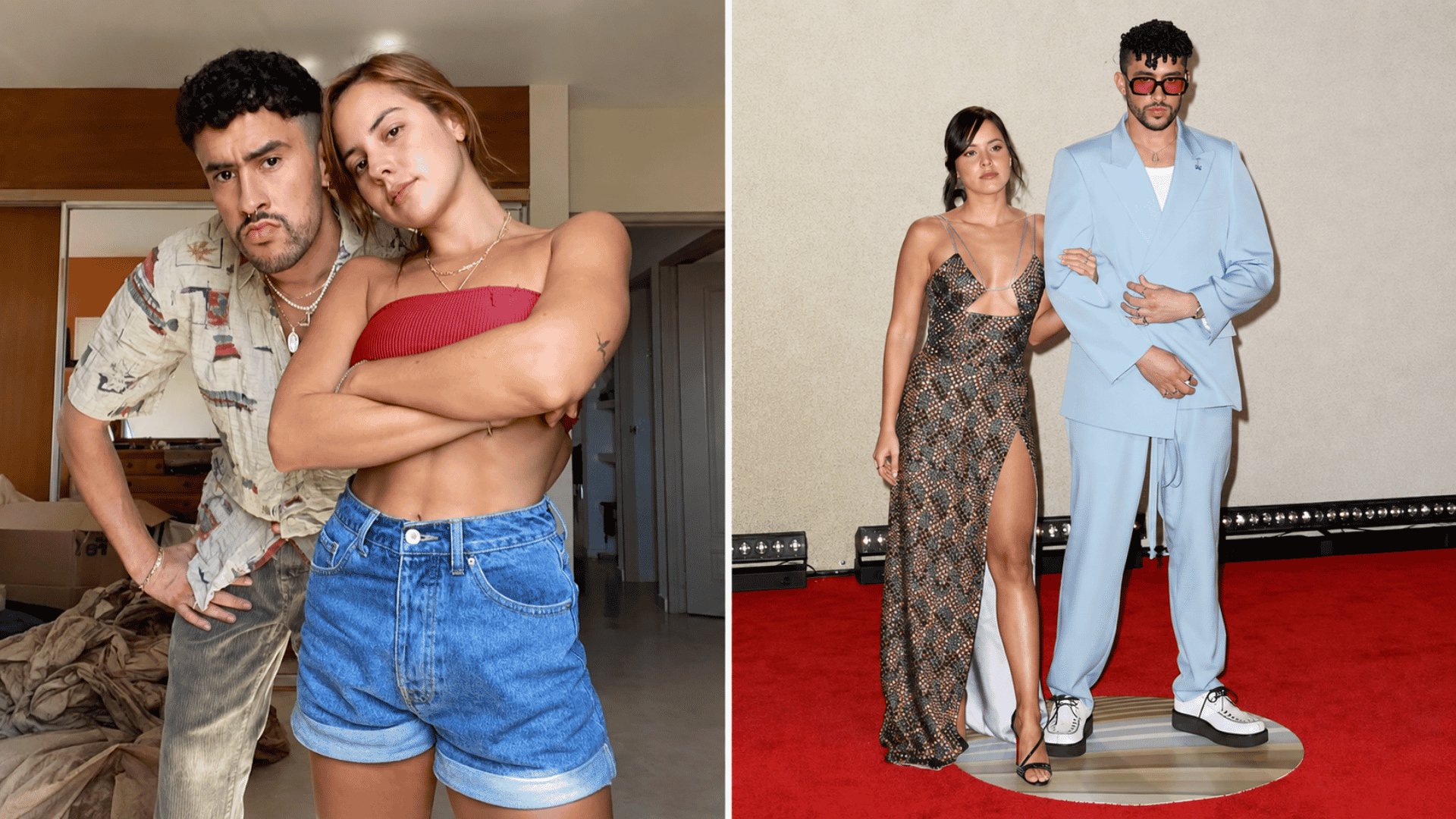 Bad Bunny and Gabriela Berlingeri posing together in a relationship history collage.