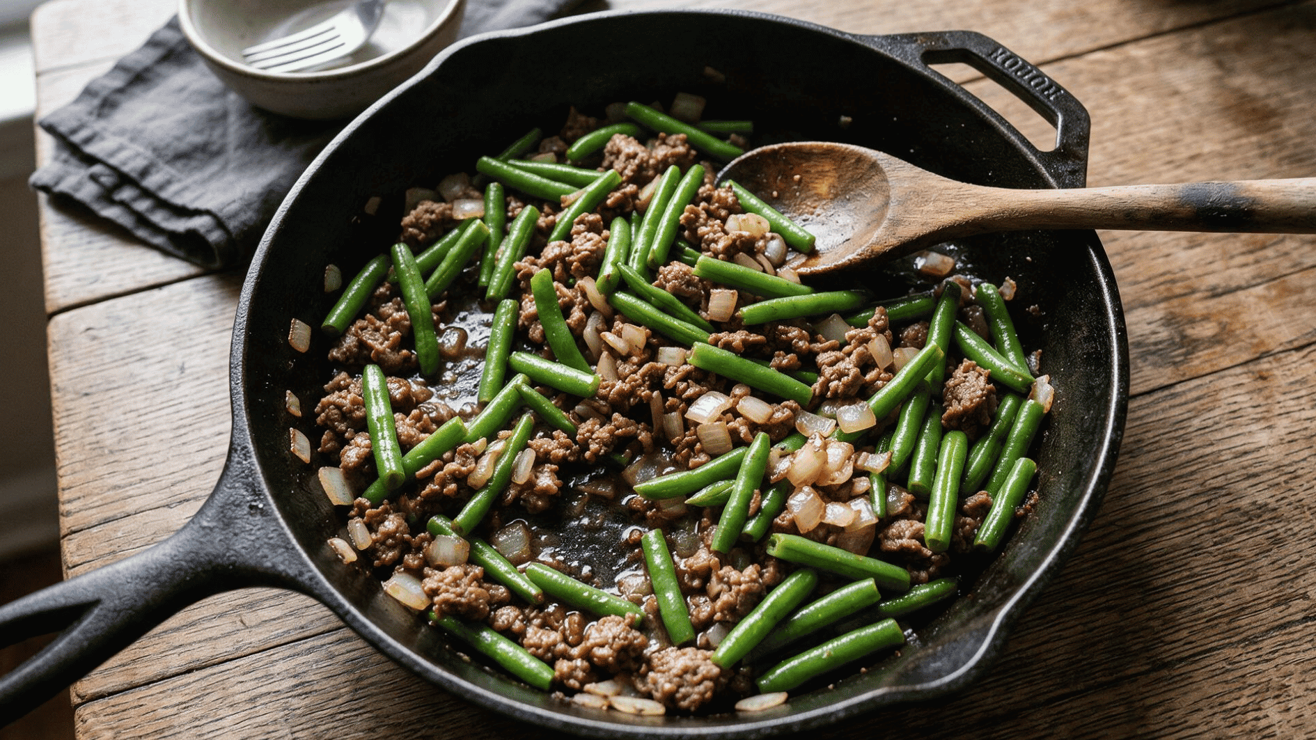 ground beef with green beans and onions cooked in a skillet