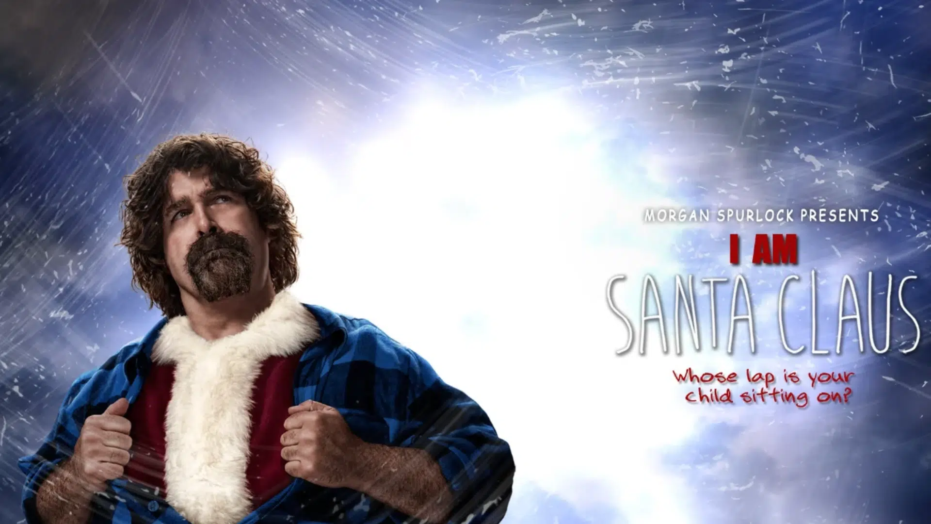 bearded man dressed as santa claus stands in snowy poster artwork for a documentary film with title text beside him