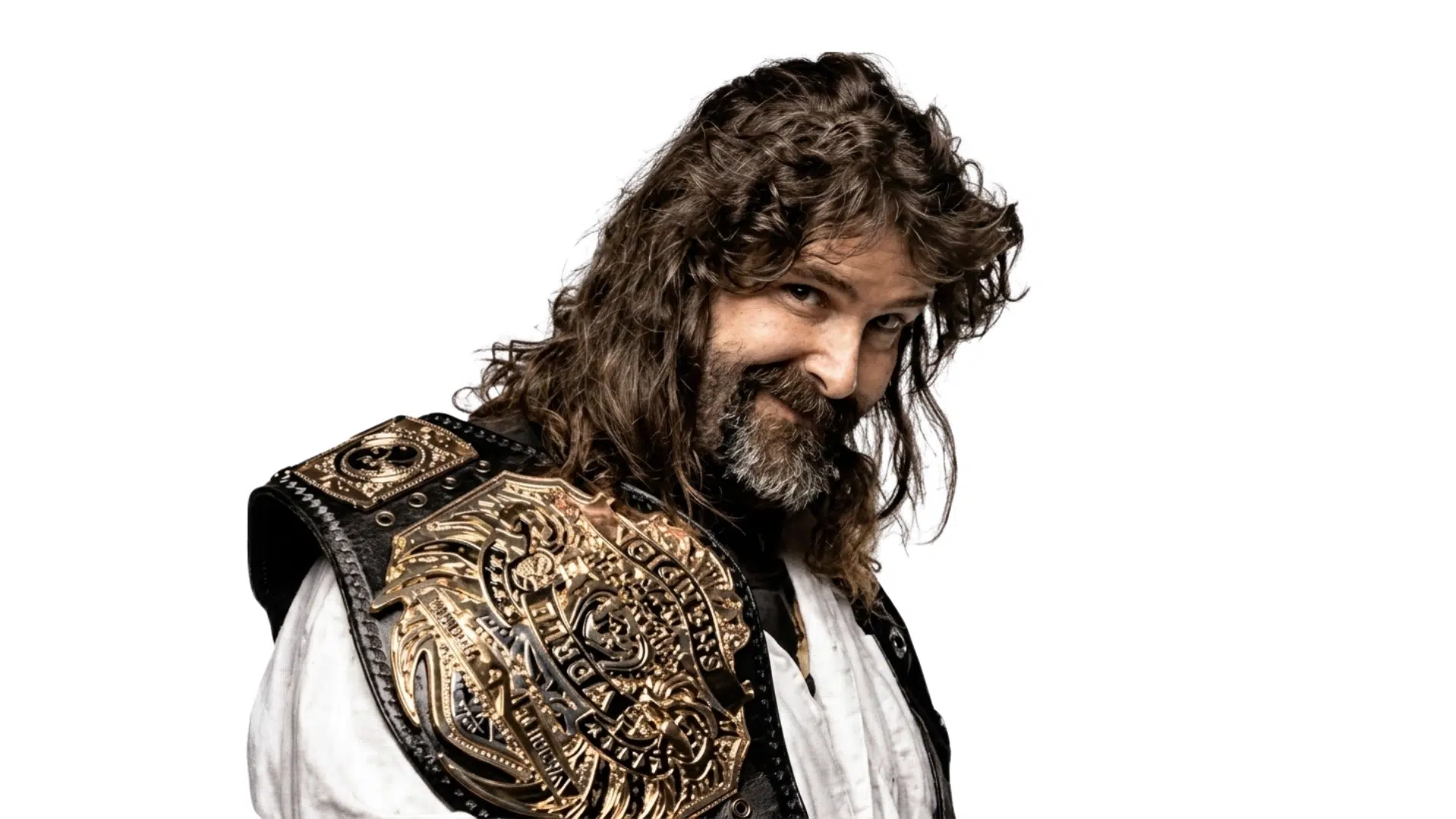 bearded wrestler with long brown hair wearing a championship belt over his shoulder against a plain white background