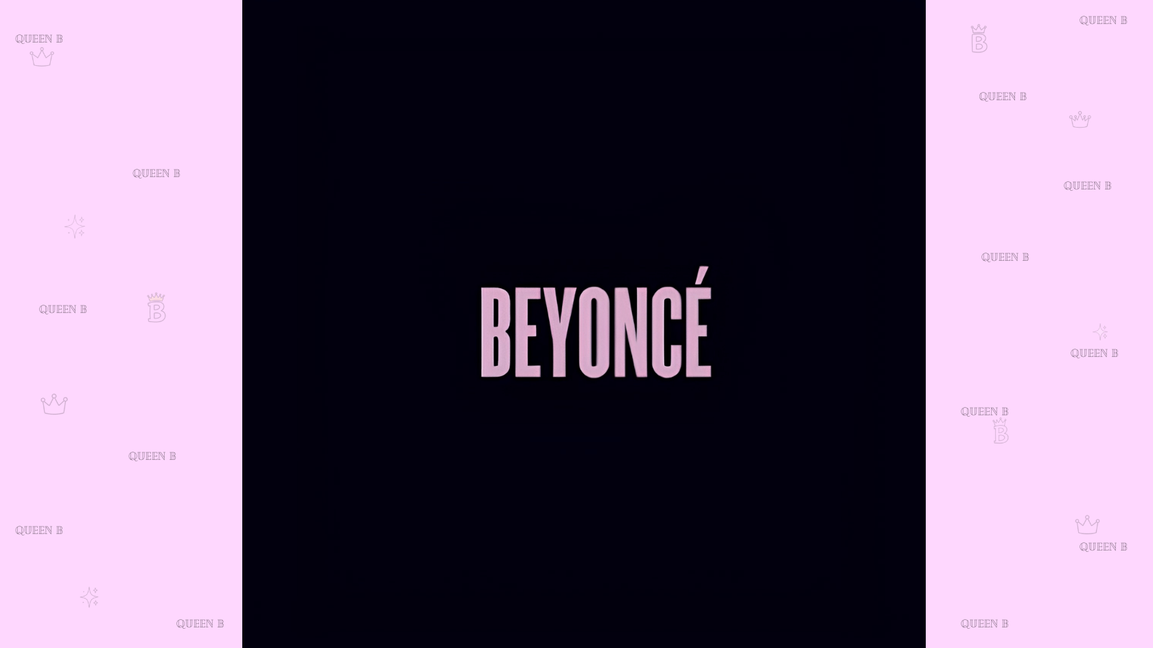 beyoncé title graphic in pink on a black background with pale pink side panels and crown motifs