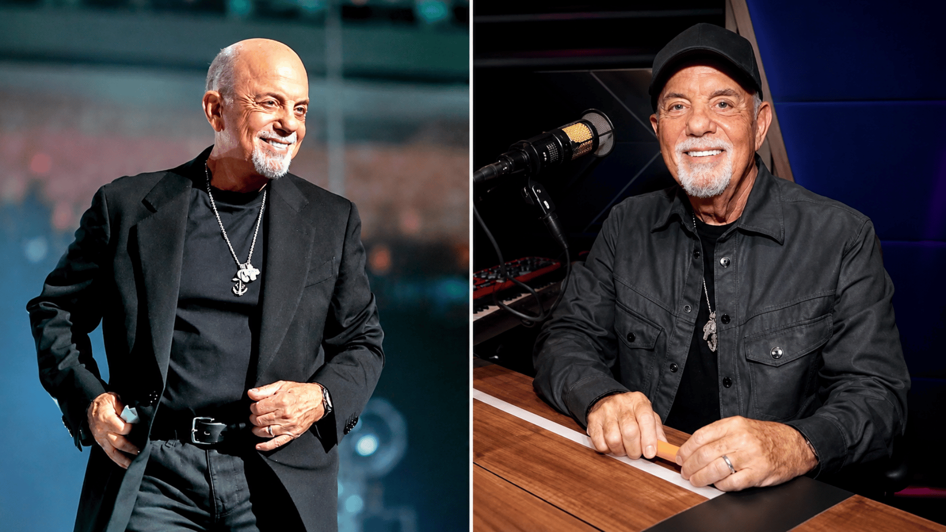 older bald man with a white goatee pictured on stage and seated beside a studio microphone