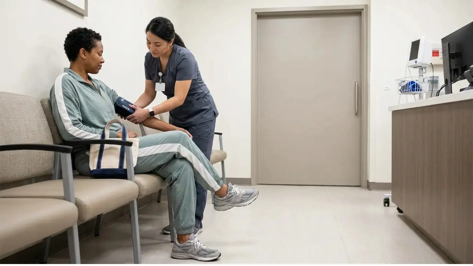 healthcare professional checking a seated patient’s blood pressure before a cardiac stress test