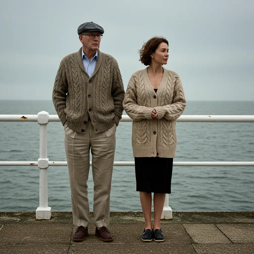 Two people in beige sweaters stand on seaside promenade under cloudy sky