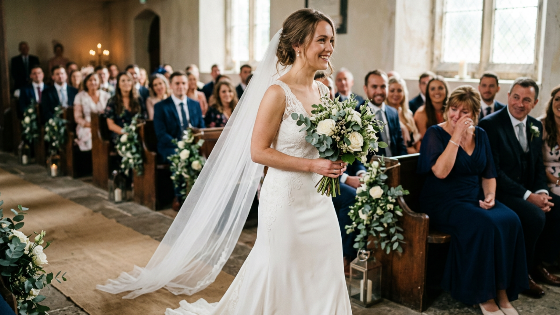bride walking down the aisle holding a white flower bouquet
