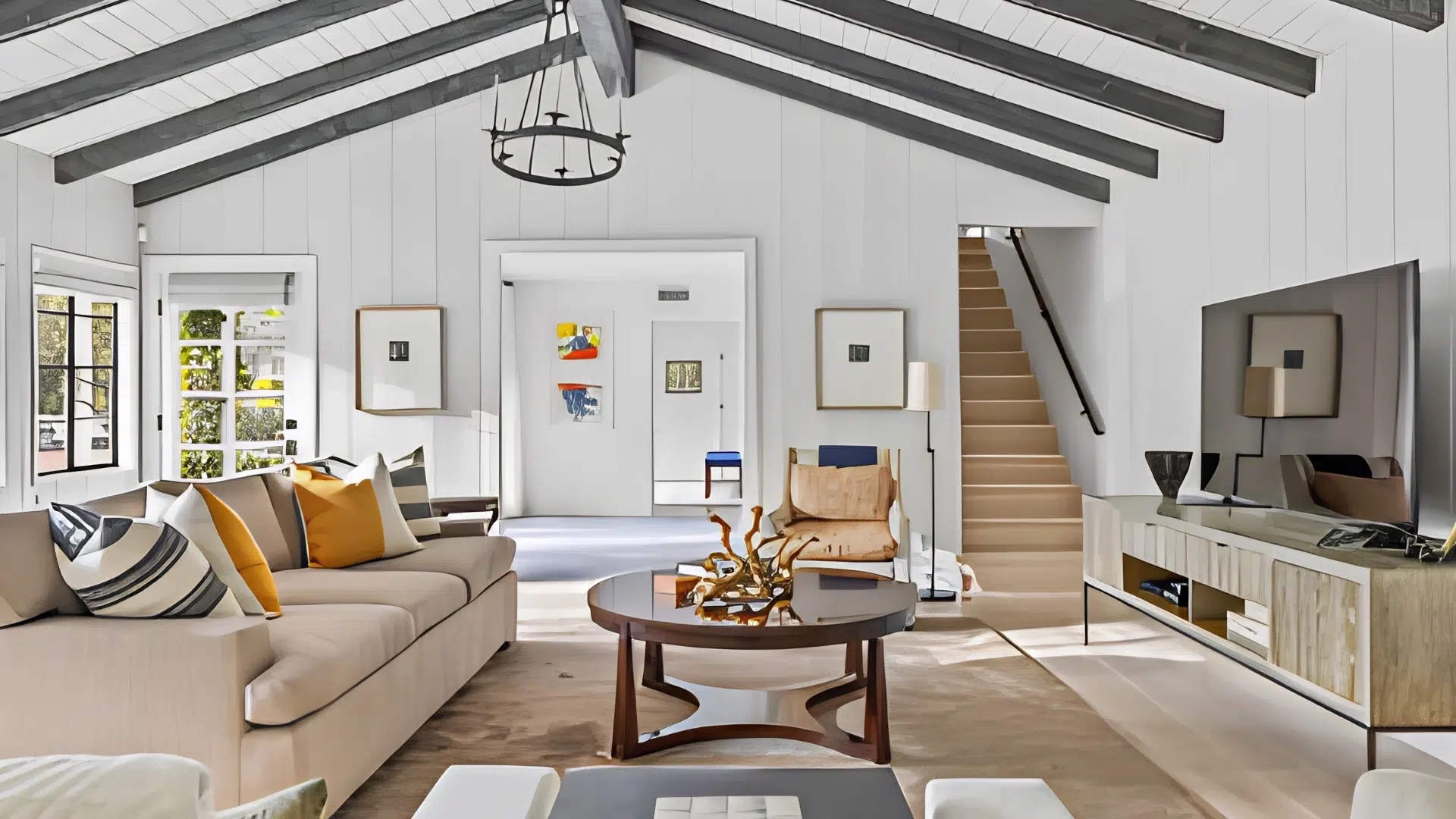 bright modern living room with vaulted ceiling fireplace seating and contemporary decor