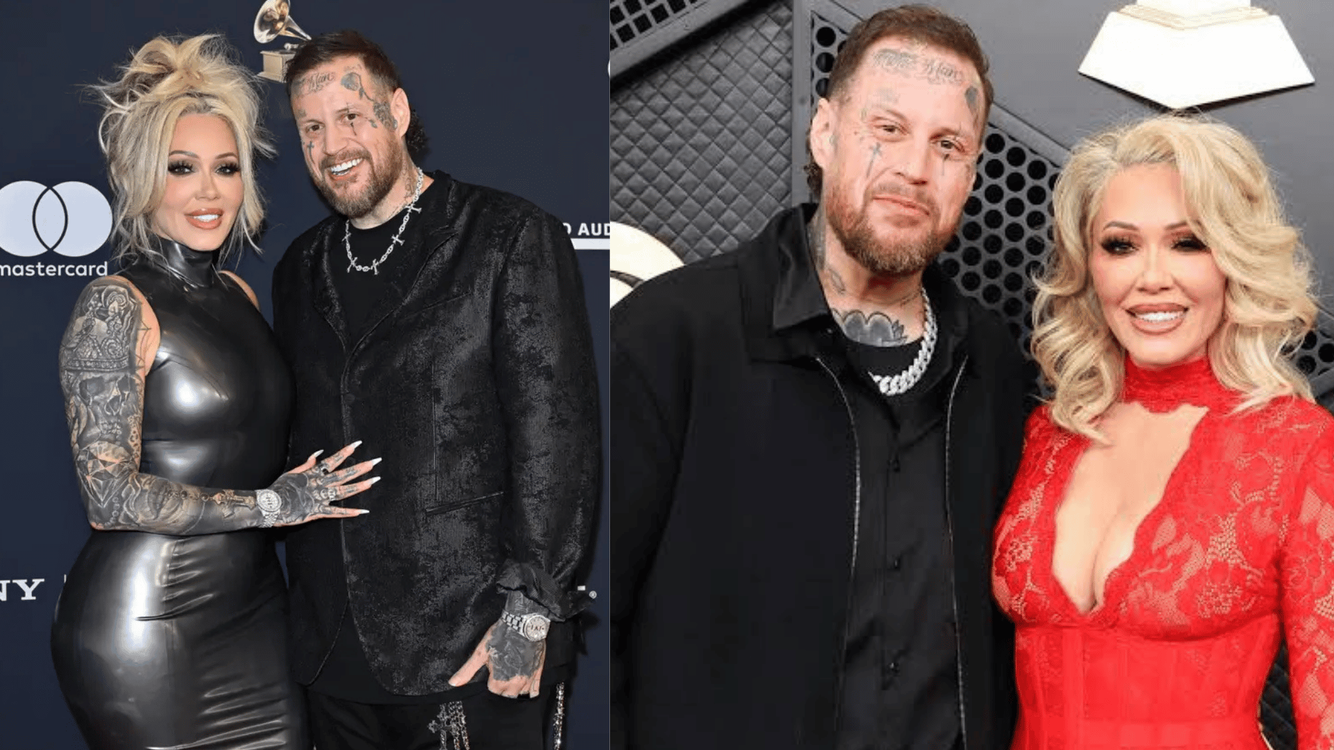 blonde woman and bearded man posing together at two formal red carpet events