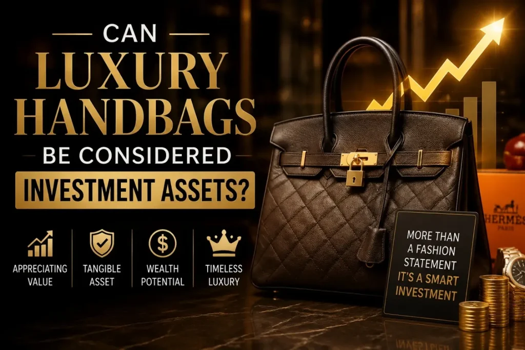 Luxury handbag with lock placed on marble surface, accompanied by stacks of coins and graph display