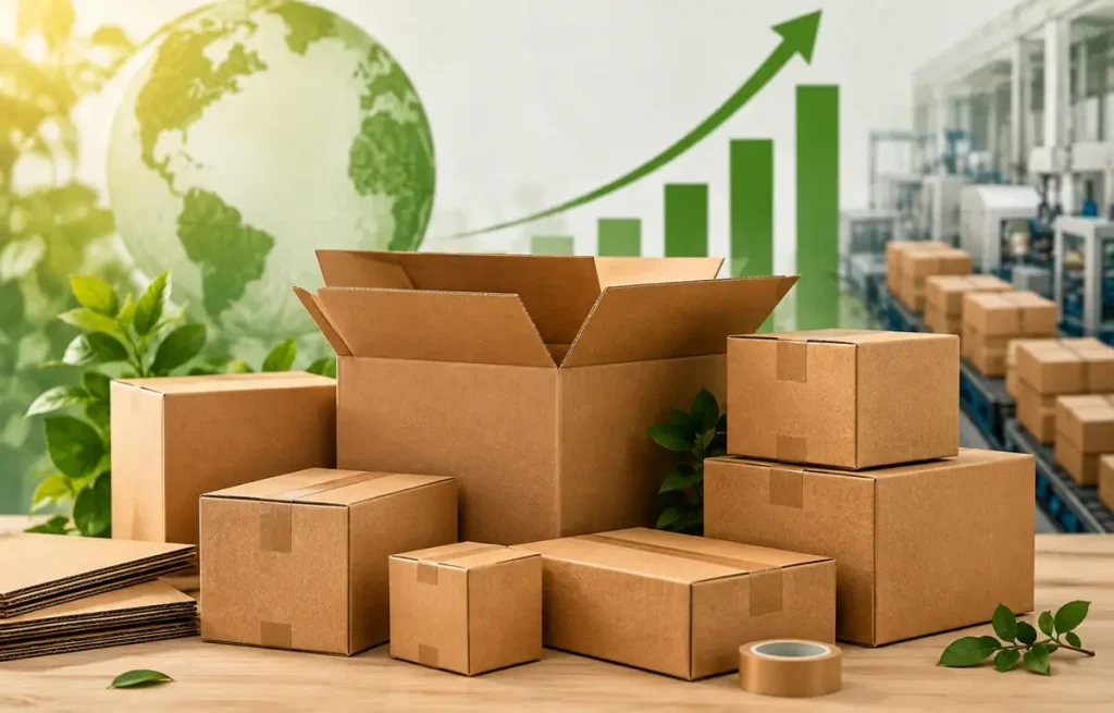 Cardboard boxes with green leaves and upward graph in industrial setting