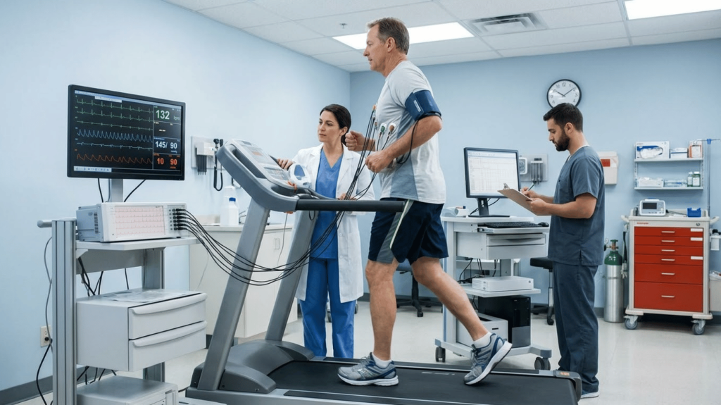 patient undergoing a cardiac stress test on a treadmill while medical staff monitor heart rate, ecg, and blood pressure