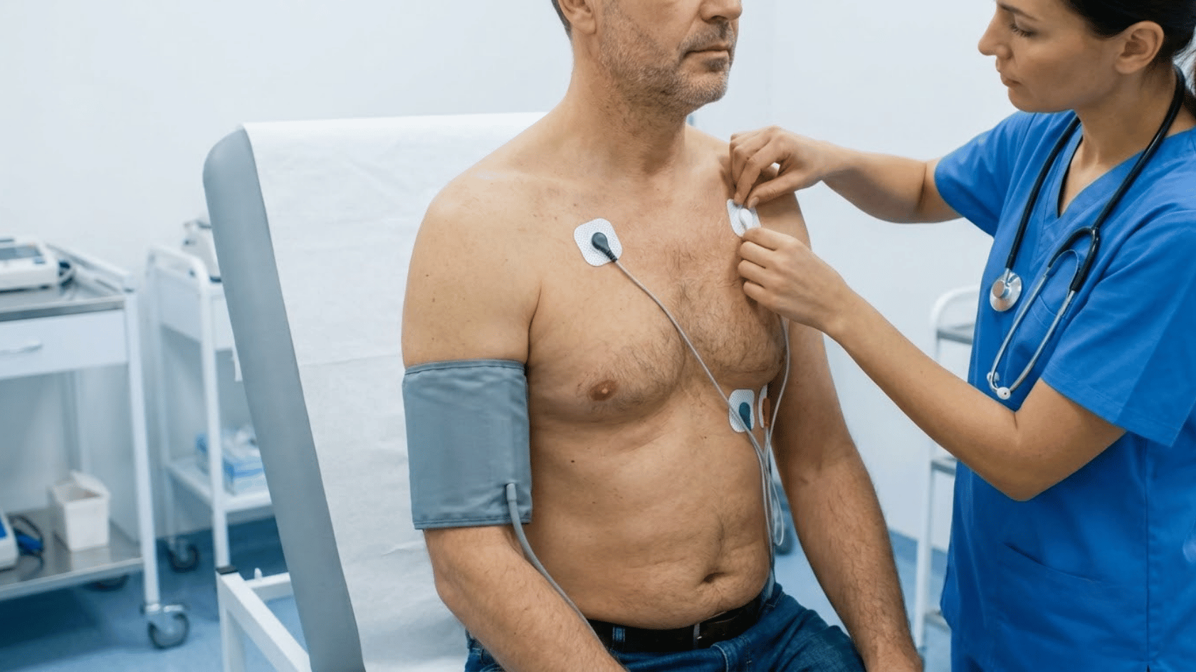 healthcare professional placing electrodes on a patient before a cardiac stress test