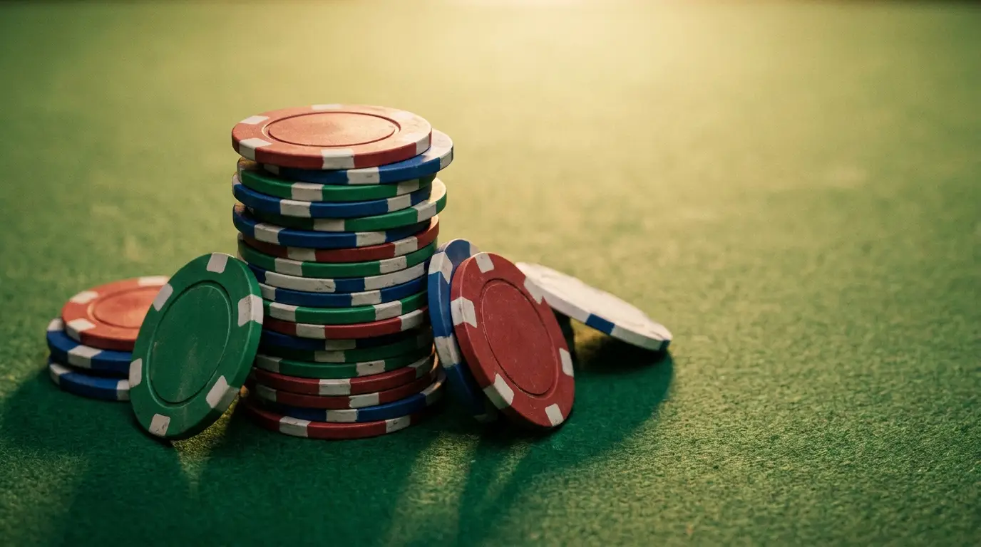 Colored poker chips stacked on green felt table in soft lighting