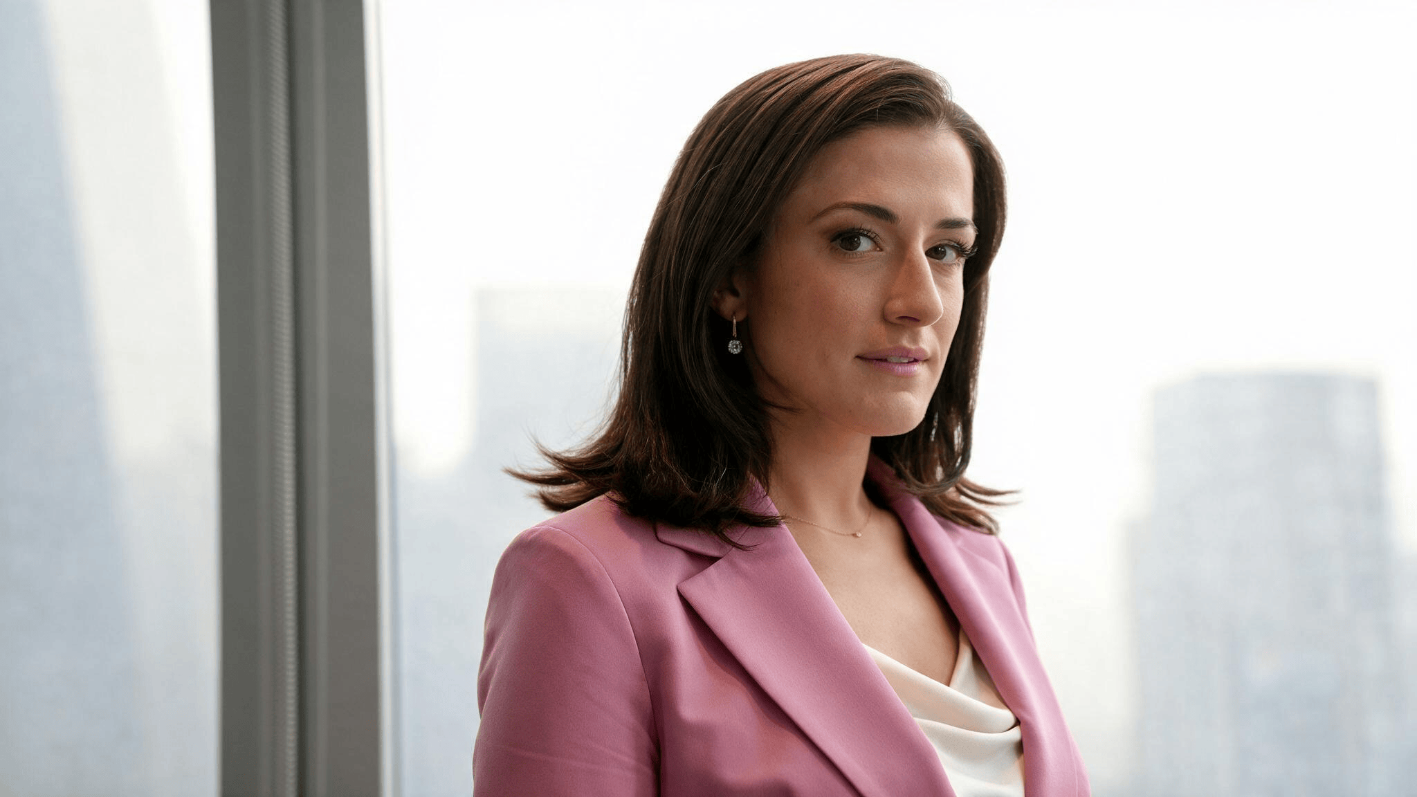 cassidy hutchison in pink blazer standing near window in modern office with city view and natural light portrait photo