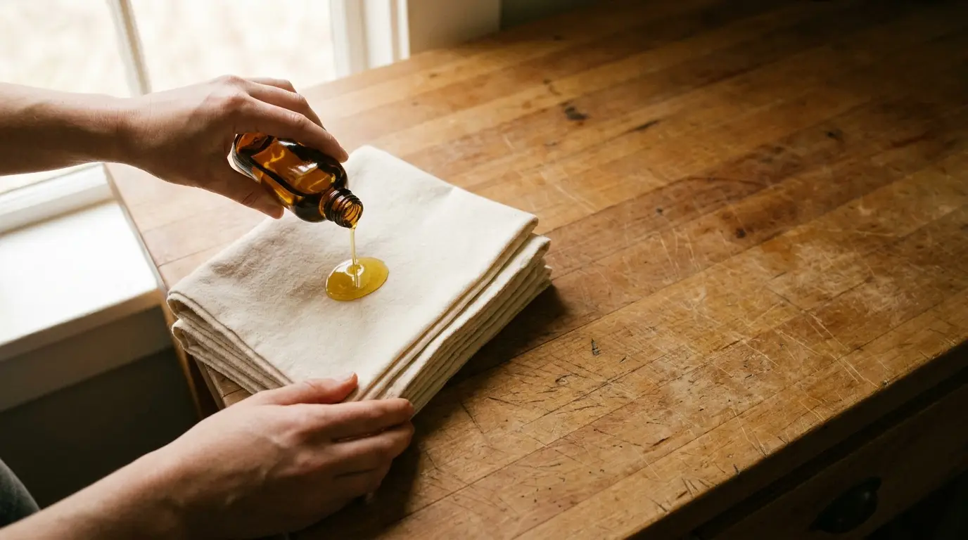 Hands pouring oil onto stack of cloth napkins on wooden table in natural light