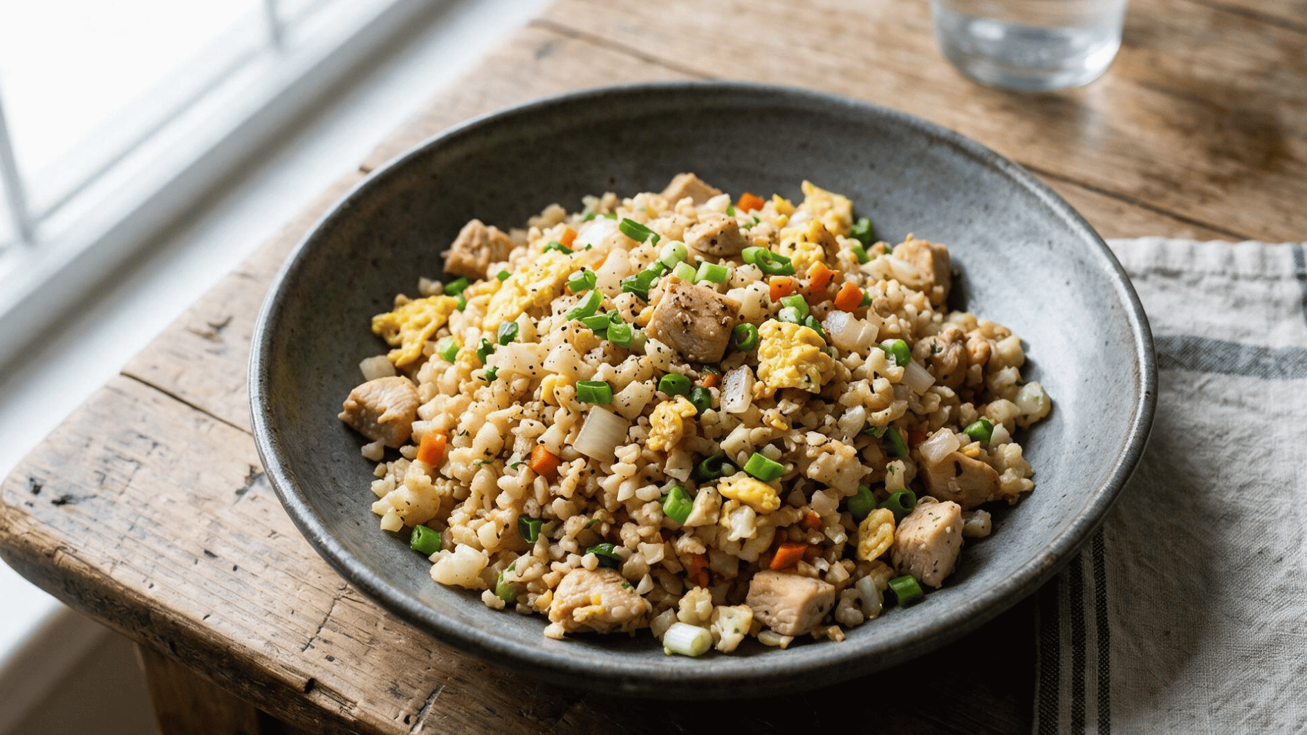 cauliflower fried rice with chicken eggs carrots and green onions