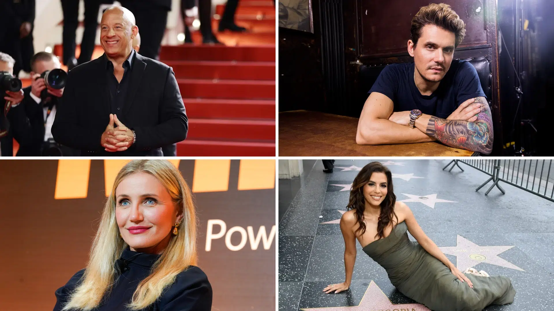 celebrity collage featuring four actors posing at events and in portrait settings