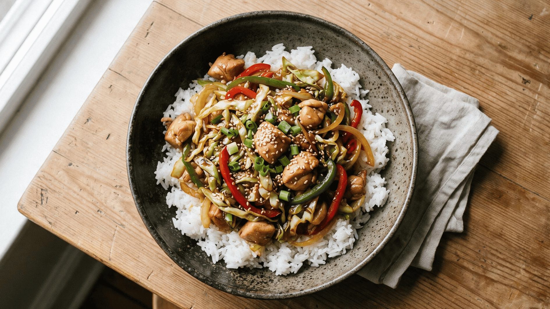 chicken and cabbage stir fry with peppers onions sesame and rice
