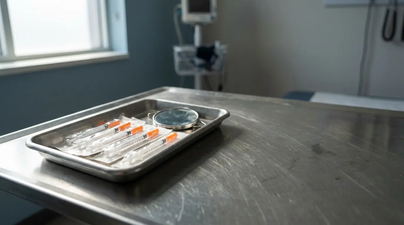 Syringes and metal instruments on stainless steel medical tray in examination room