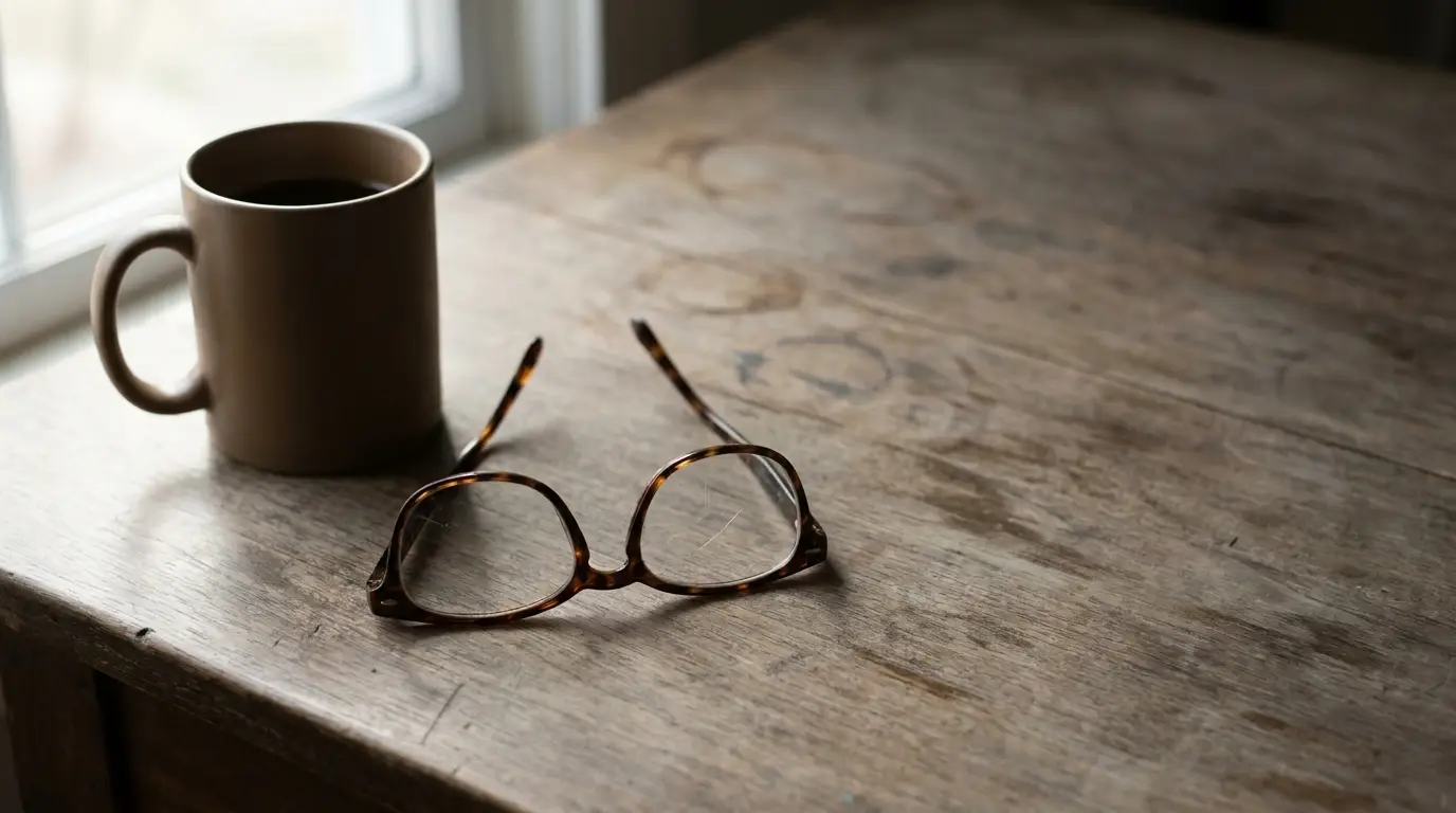 Tortoiseshell glasses and brown mug on rustic wooden table near window