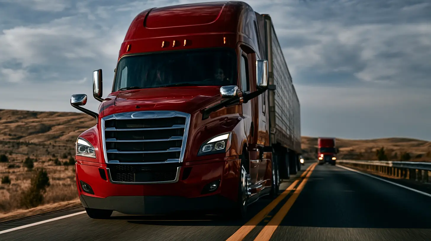 Red semi truck driving on wide highway under cloudy sky in rural landscape