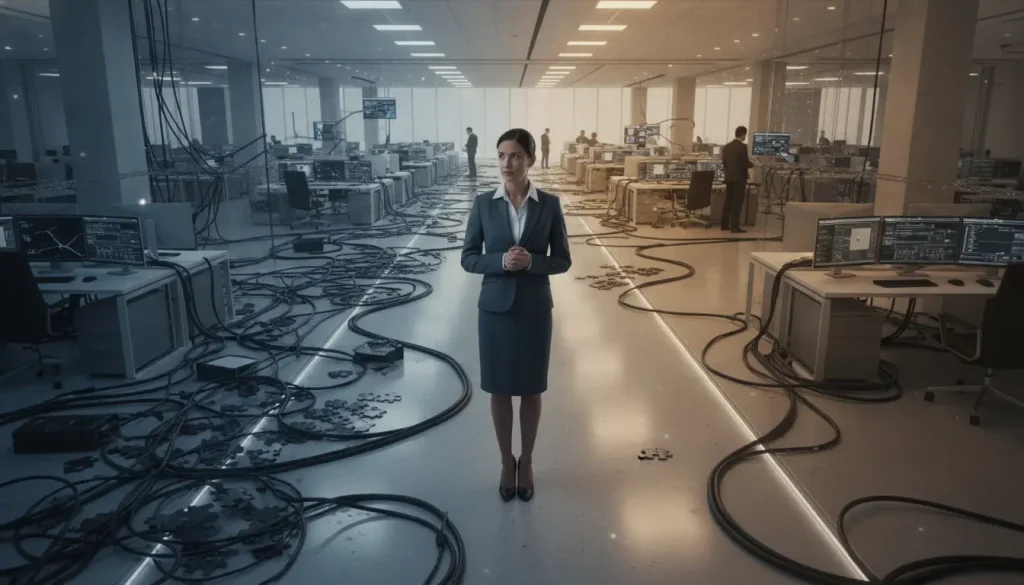 Woman in a business suit standing in an office with scattered cables and computer workstations
