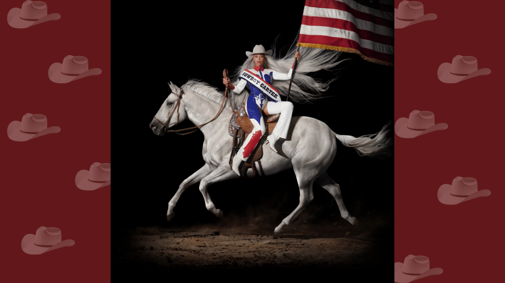 cowboy carter album cover showing beyoncé riding a white horse with an american flag, framed by cowboy hat motifs