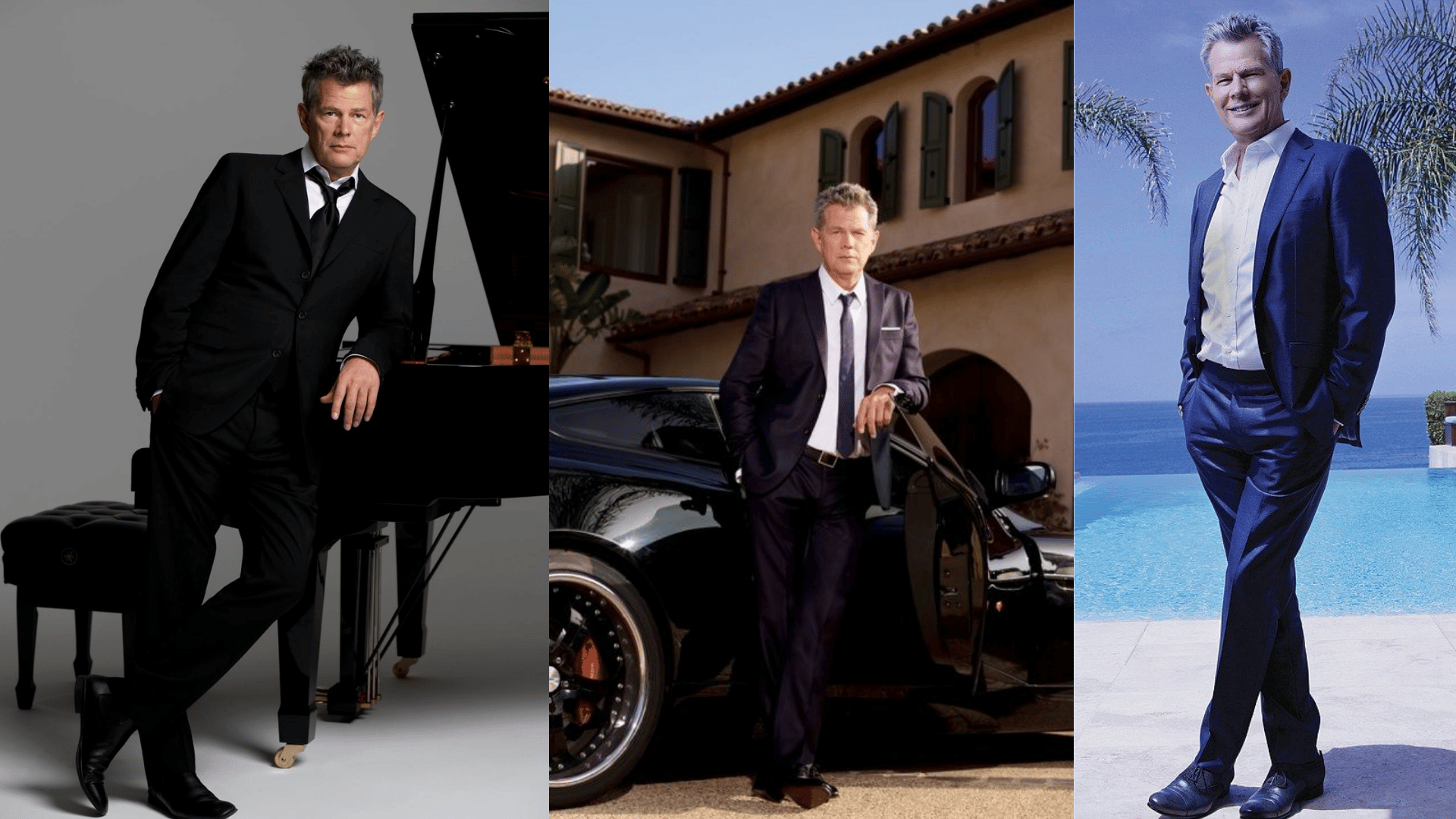 david foster posing beside a grand piano, luxury car, and pool in three professional photographs
