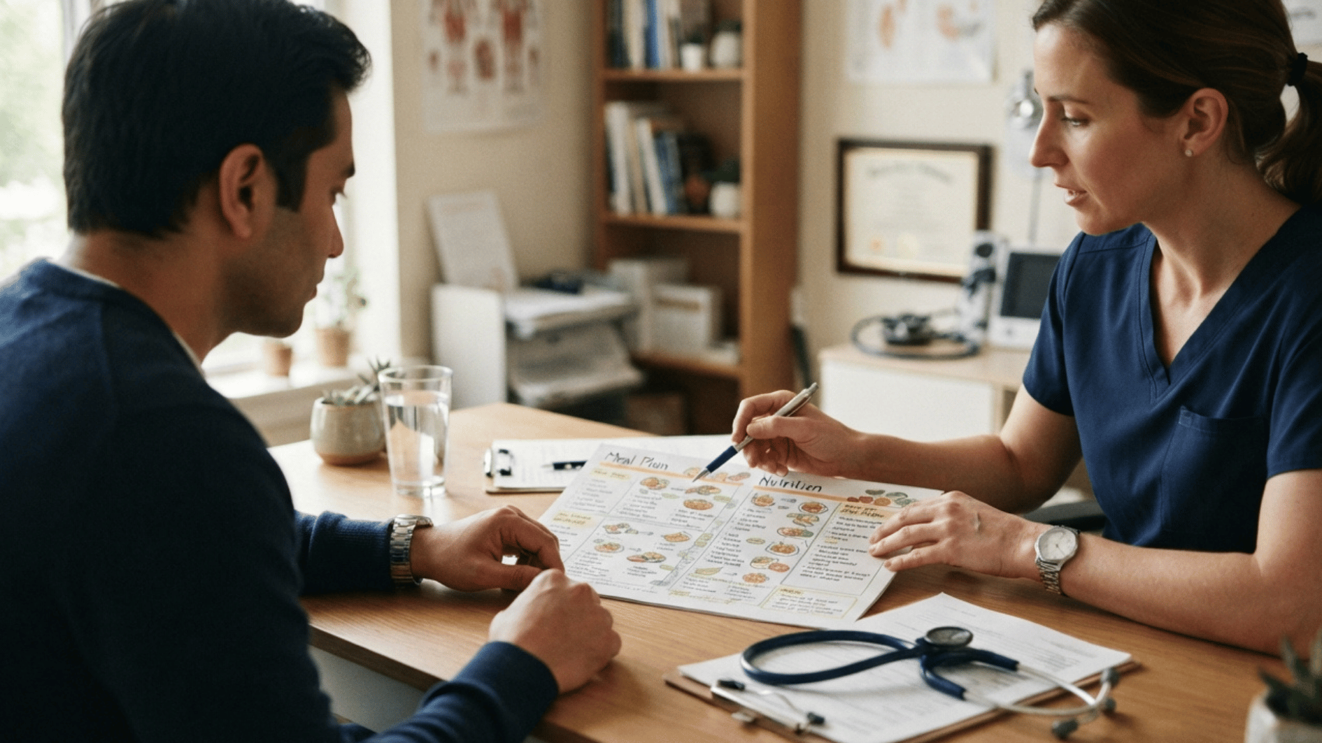 dietitian discussing a nutrition and meal plan with a patient during a clinic consultation