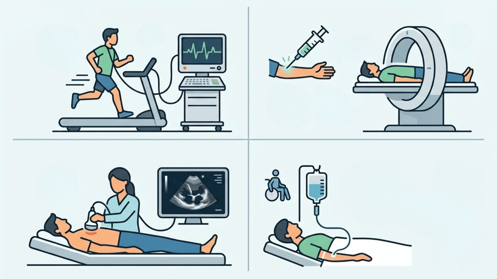 illustration comparing exercise nuclear stress echo and pharmacologic stress test methods