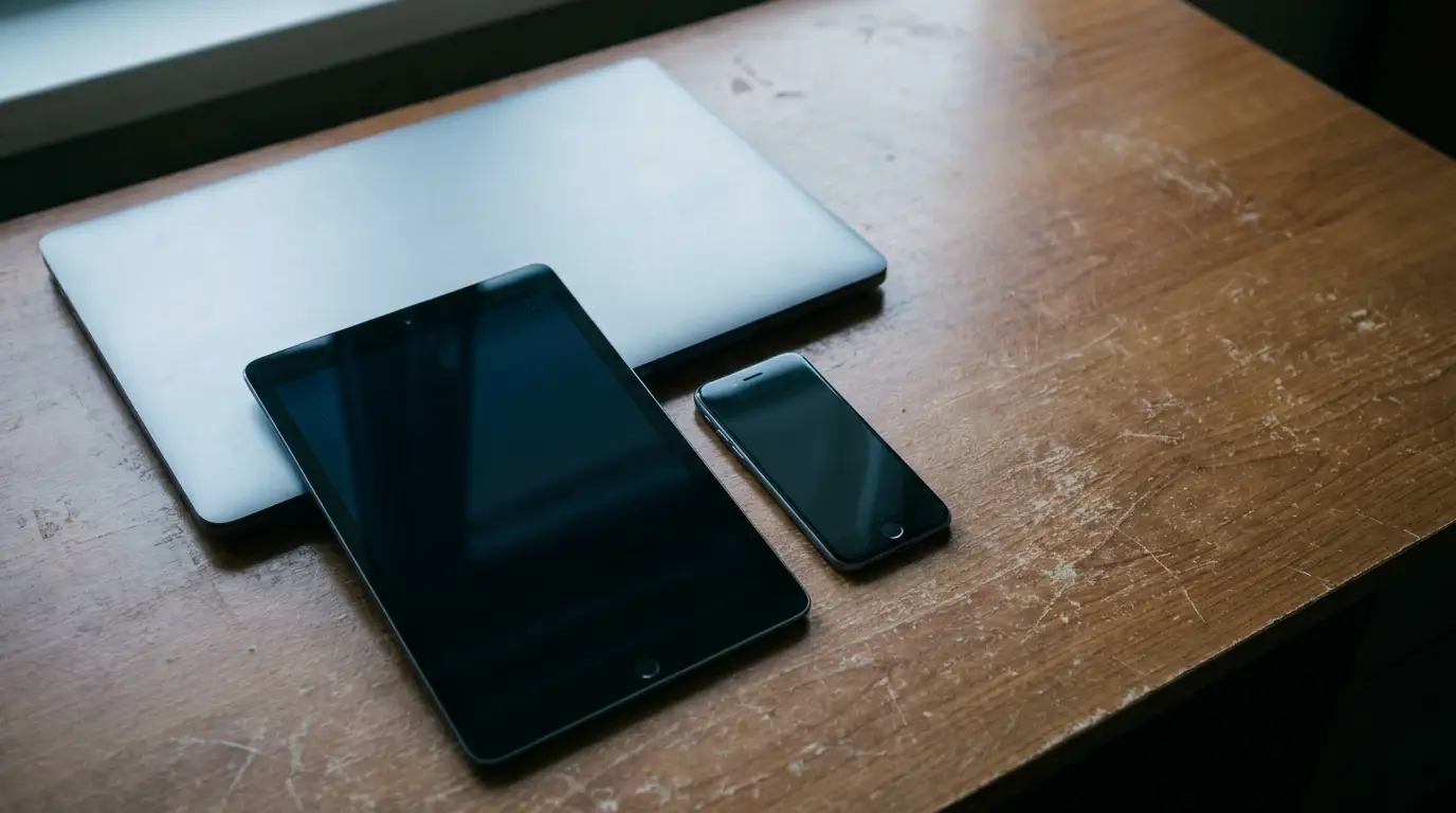 Laptop, tablet, and smartphone on wooden desk with natural lighting