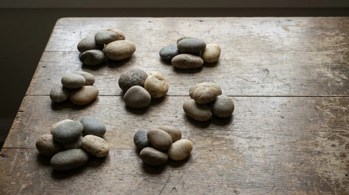 Rounded stones arranged in small piles on rustic wooden table surface