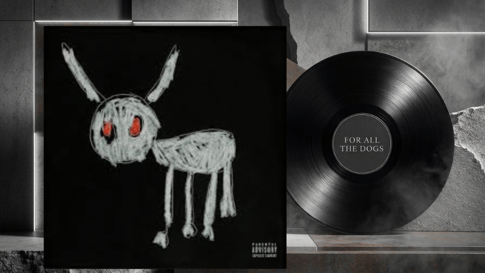 Drake’s For All the Dogs album cover beside a black vinyl record