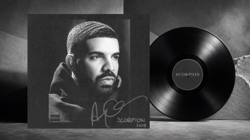 Drake’s Scorpion album cover beside a black vinyl recordDrake’s Scorpion album cover beside a black vinyl record