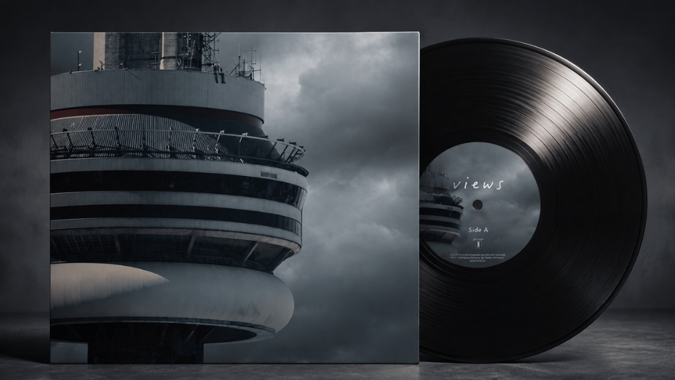 Drake’s Views album cover beside a black vinyl record