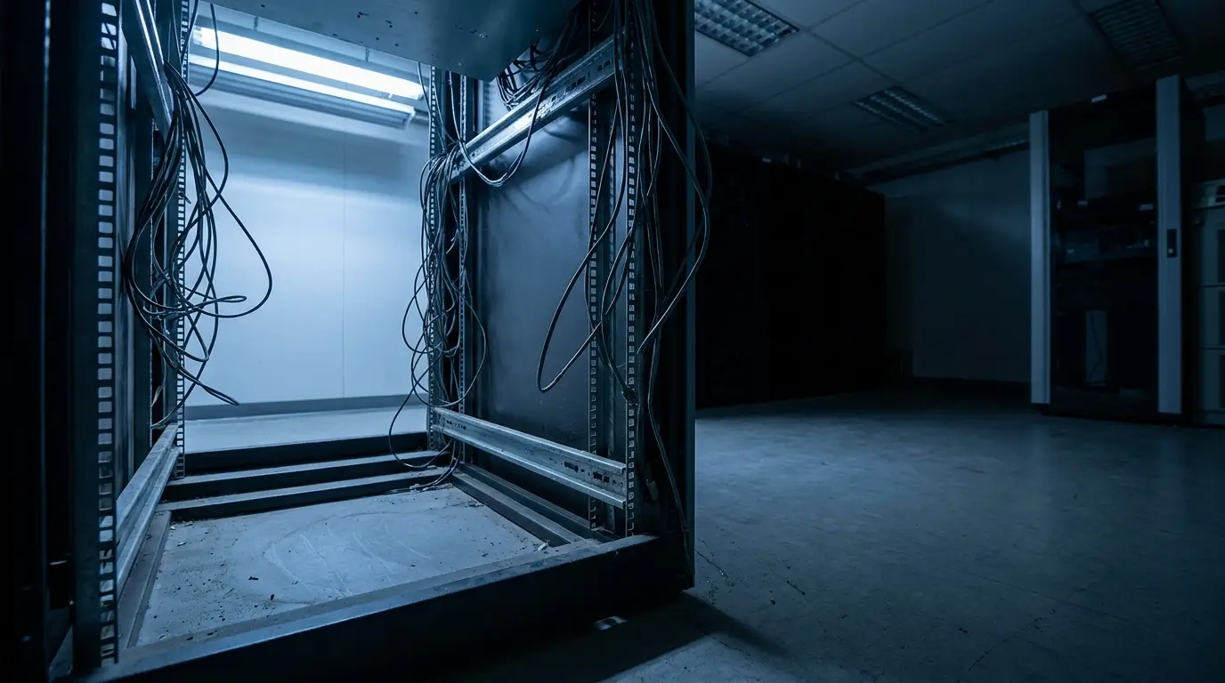 Empty server rack with exposed cables in dimly lit data center
