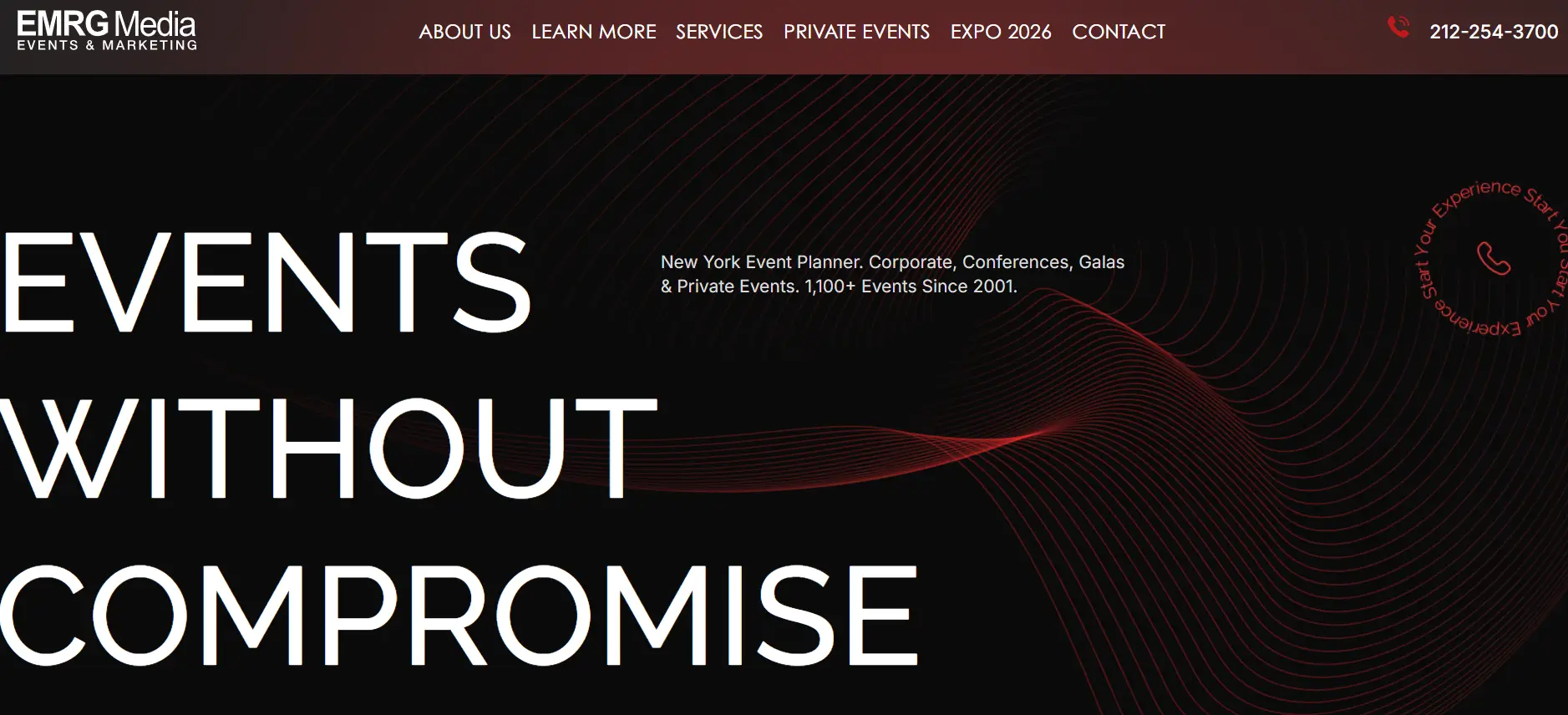 Bold white text on dark background with red wavy lines and contact details