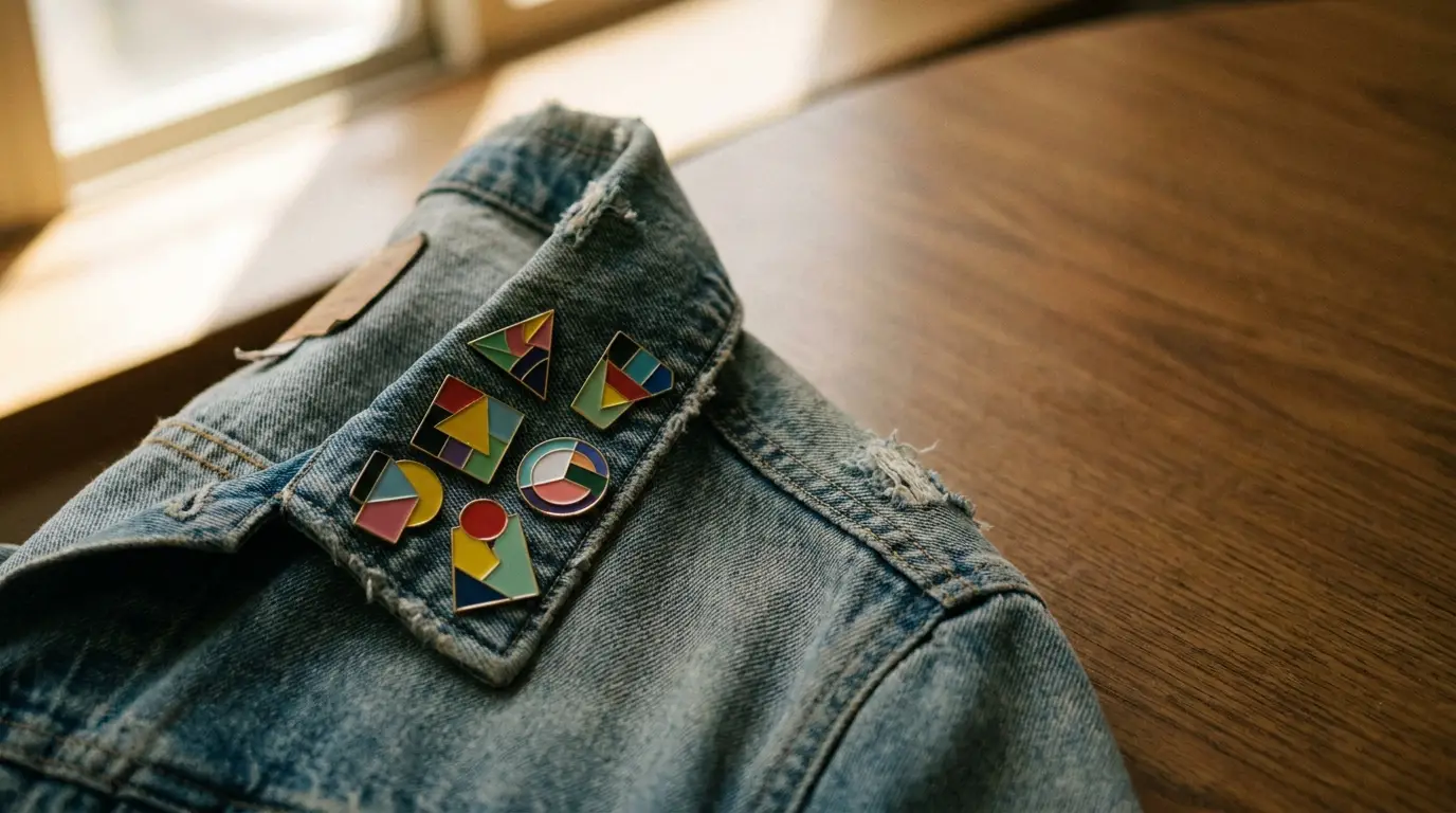 Denim jacket with colorful geometric pins on wooden table in natural light