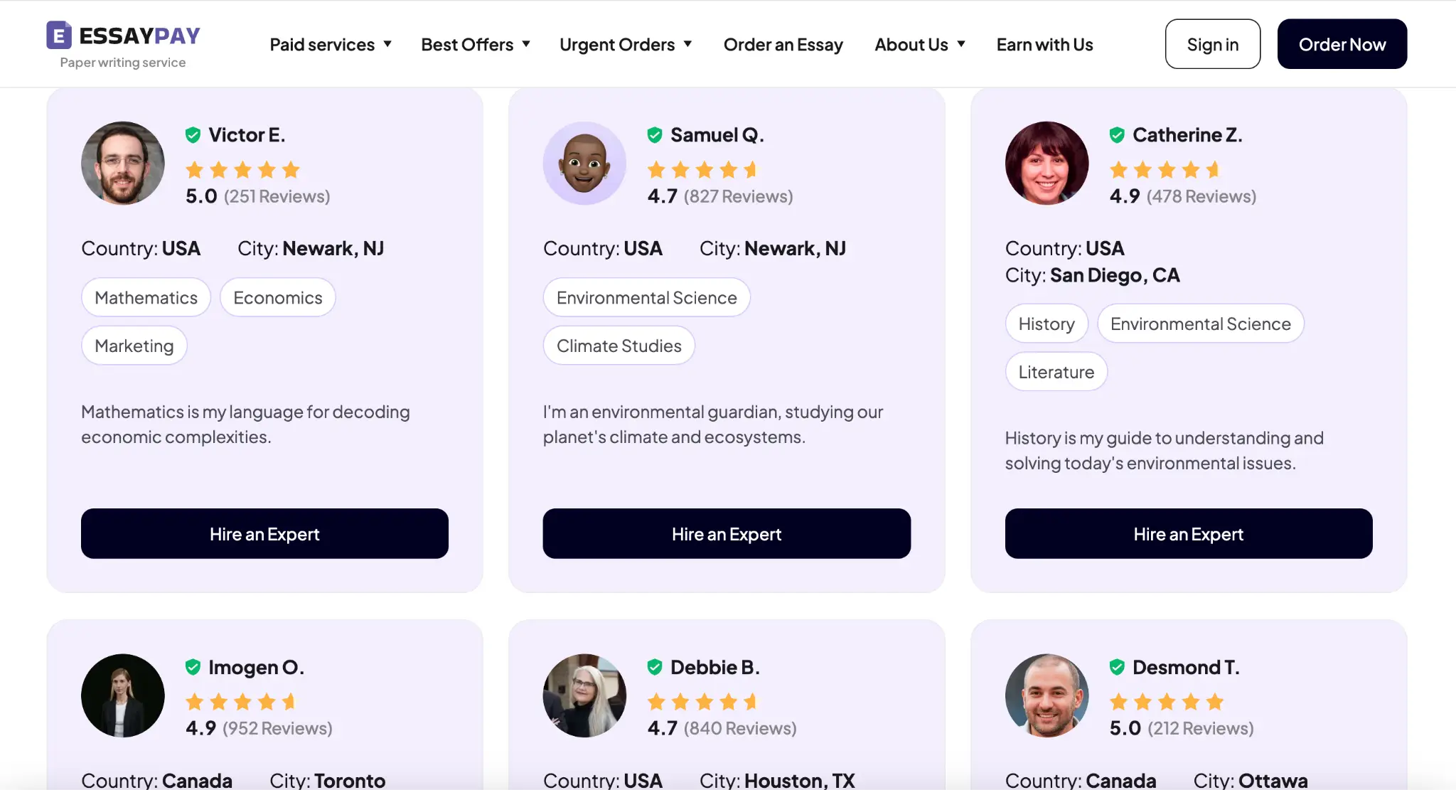 Profiles of professional experts with photos, ratings, and subject specialties on a writing service website