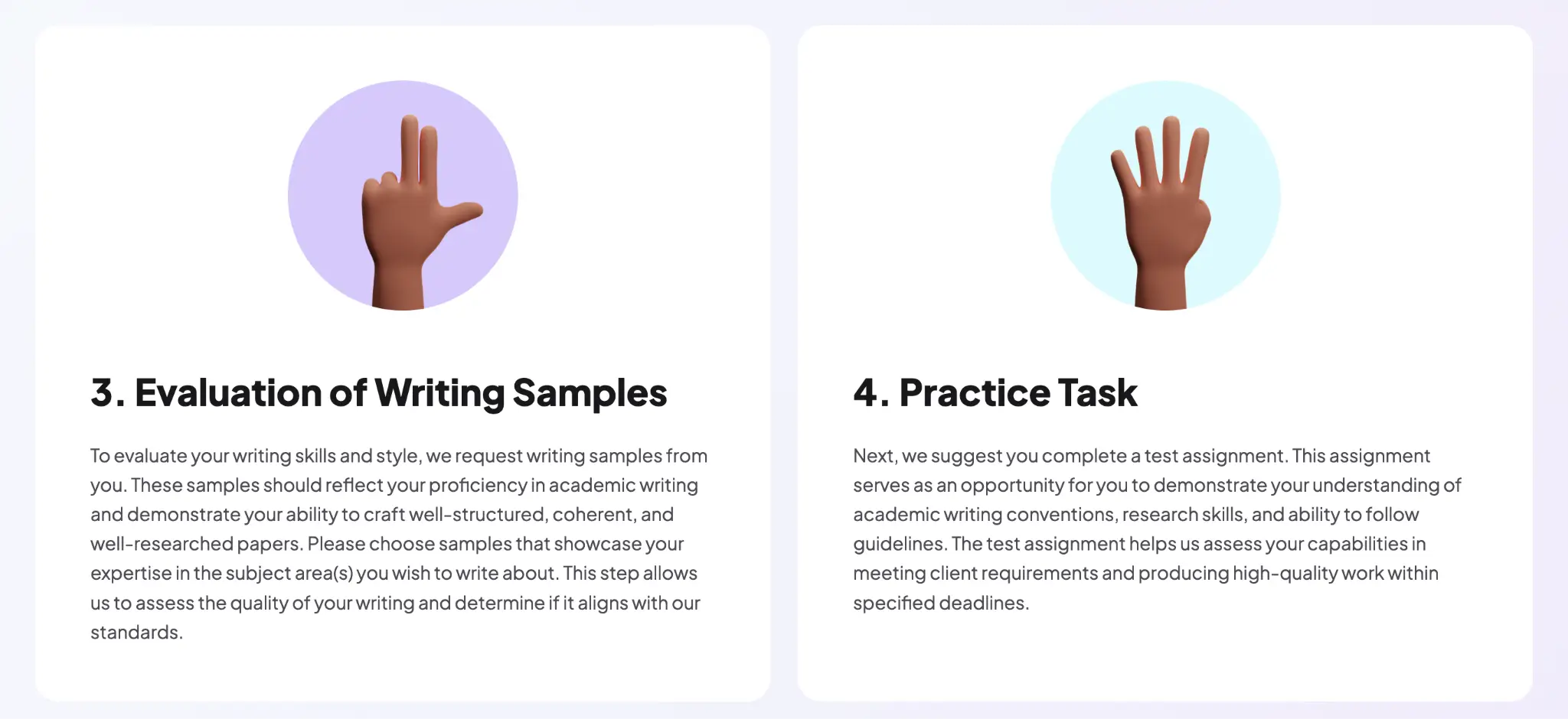 Illustrated hand gestures above text boxes on a light background