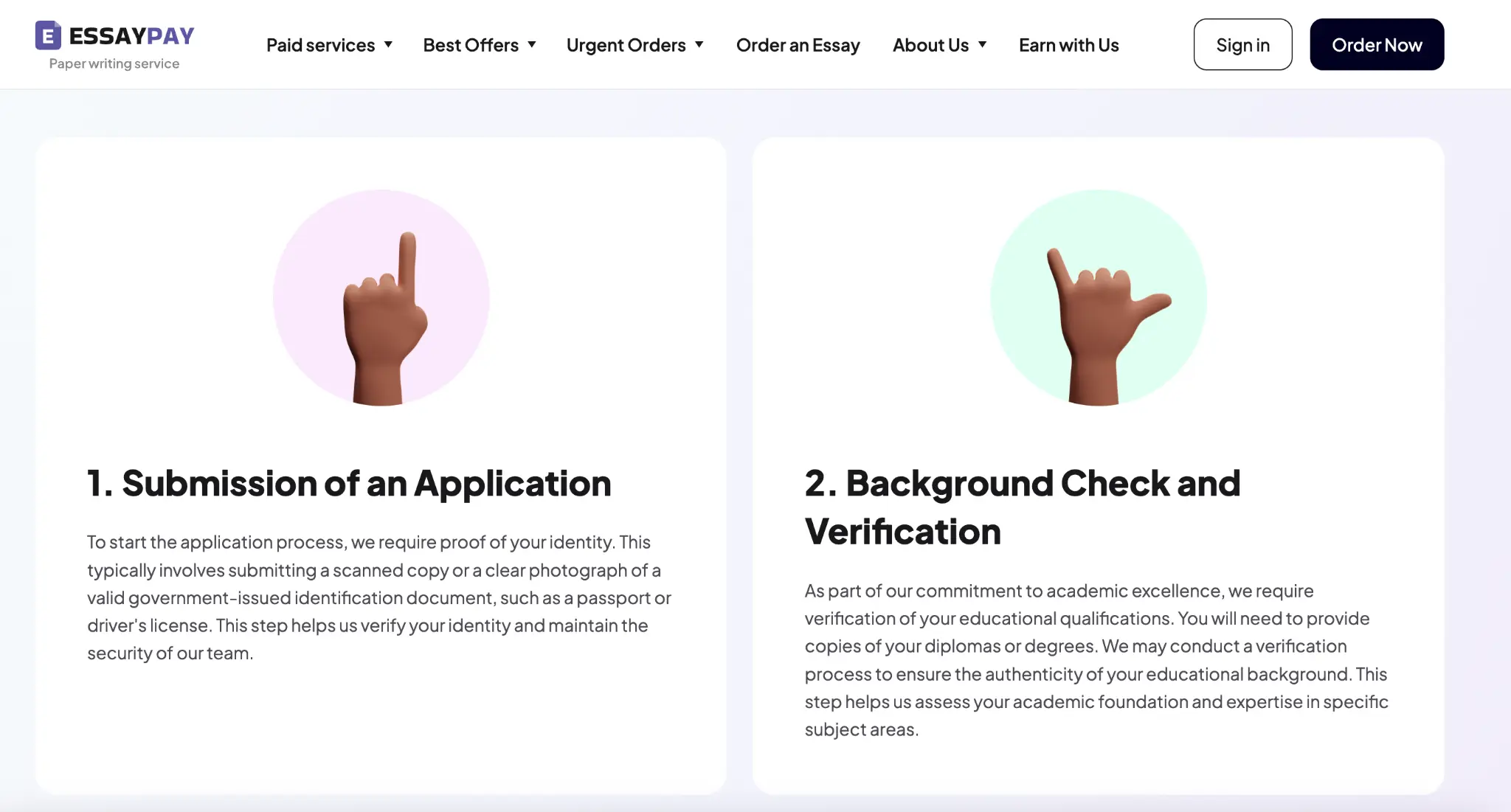 Two illustrated hands making gestures in circular icons on a website header section