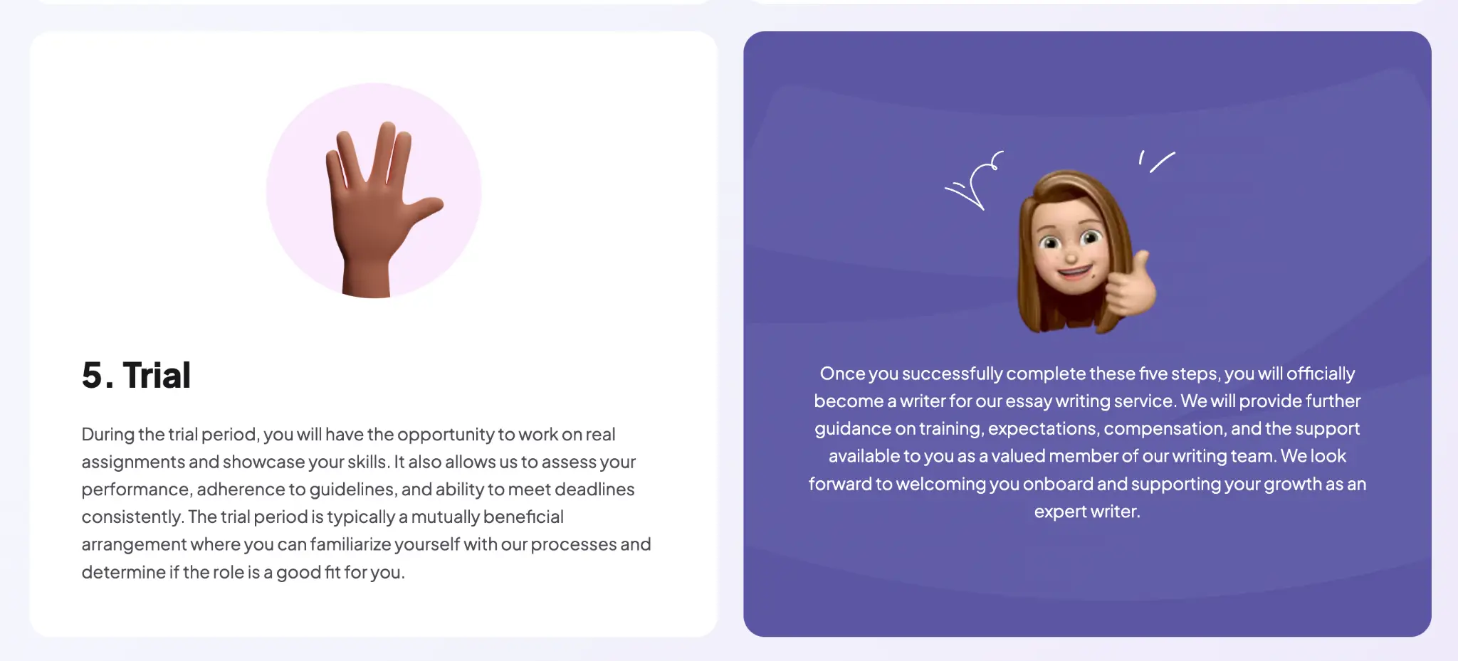 Illustration of a raised hand emoji beside a cartoon woman giving thumbs up on purple background