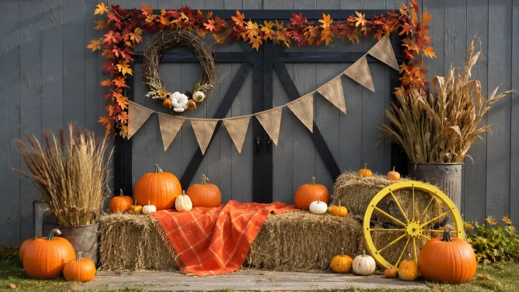 Fall-themed porch display with pumpkins, hay bales, autumn leaves, and a yellow wagon wheel