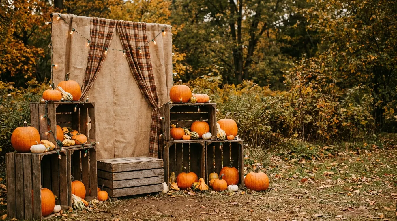Pumpkins and gourds arranged on wooden crates in autumnal outdoor setting with string lights