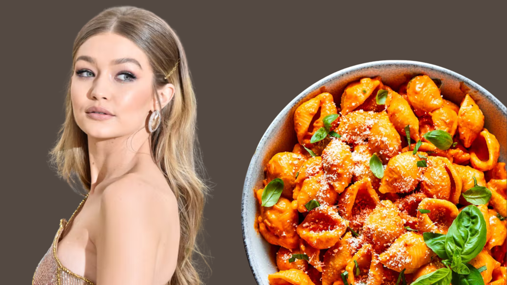 gigi hadid beside a bowl of creamy spicy pasta