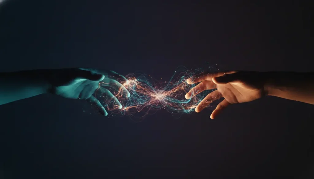 Two hands reaching toward each other with glowing blue and orange energy in dark setting