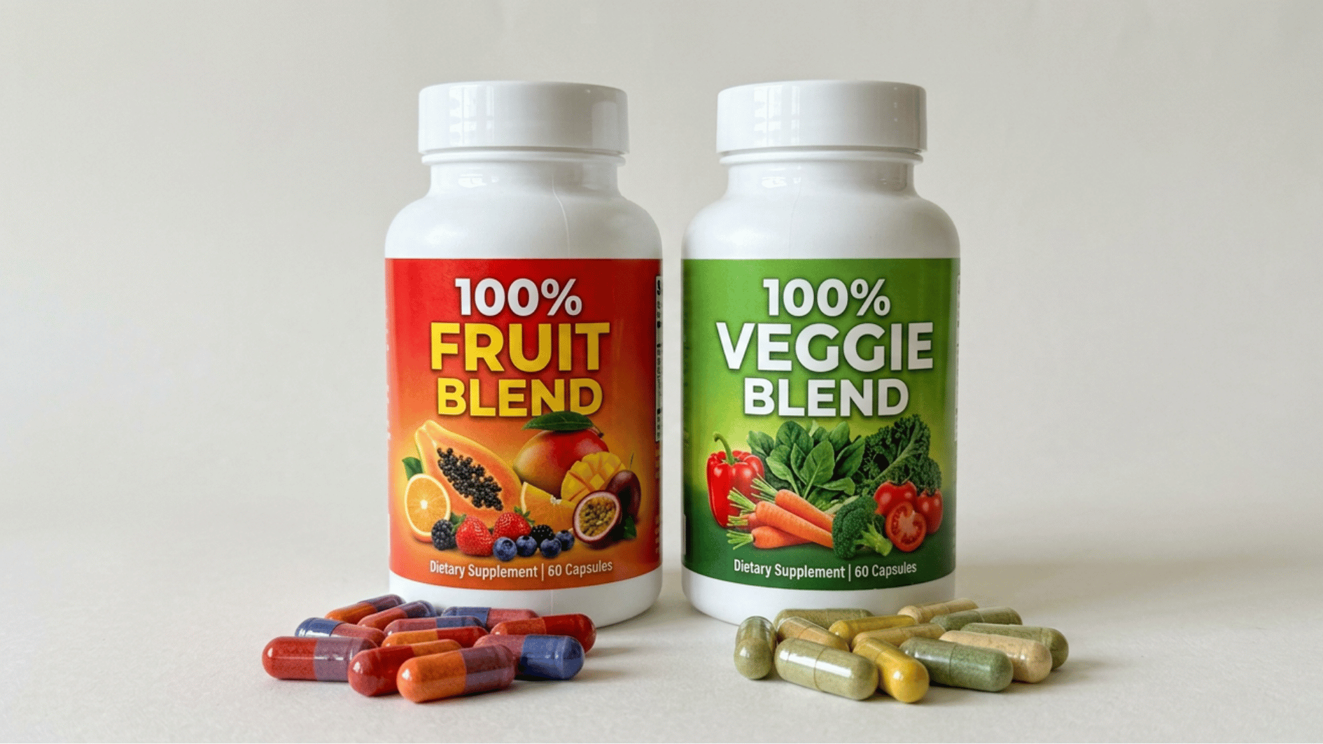 fruit blend and veggie blend supplement bottles with capsules